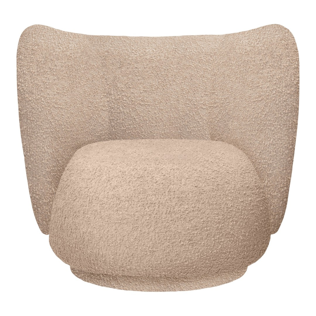 Soft beige chair with a textured, fluffy pattern, featuring a rounded shape and cozy, inviting design.