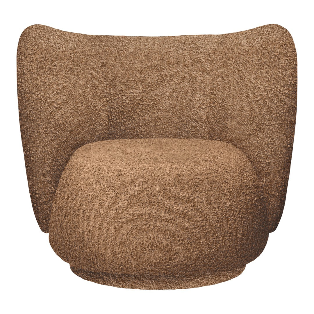 Brown textured chair with a rounded, organic silhouette, perfect for modern interiors.