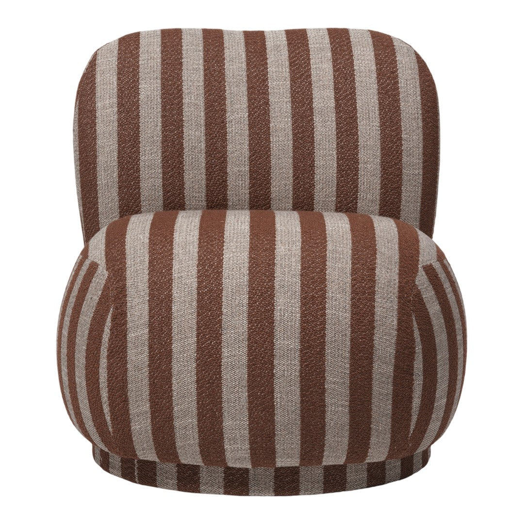 Brown and tan striped accent chair with a plush, rounded design. Ideal for modern décor.