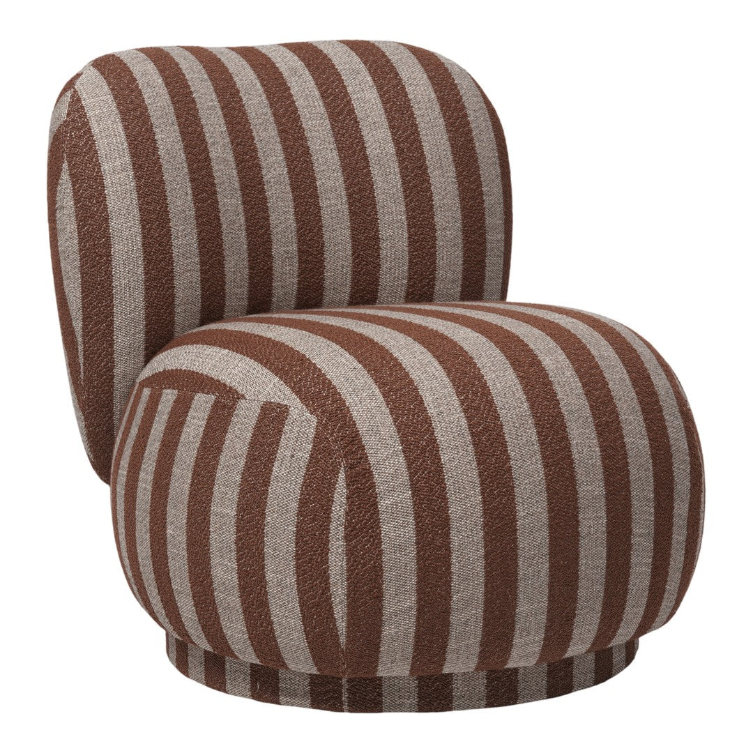 Brown and beige striped accent chair with a modern, rounded design and soft upholstery. Perfect for stylish interiors.
