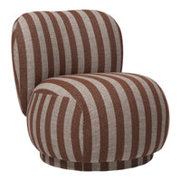 Brown and beige striped accent chair with a rounded shape and plush fabric, perfect for modern decor.