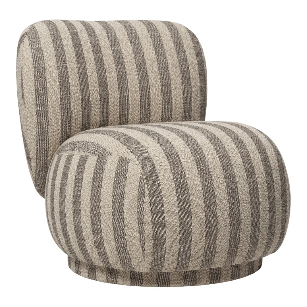 Beige and gray striped accent chair with a rounded design, featuring a bold, contemporary pattern. Ideal for modern decor.