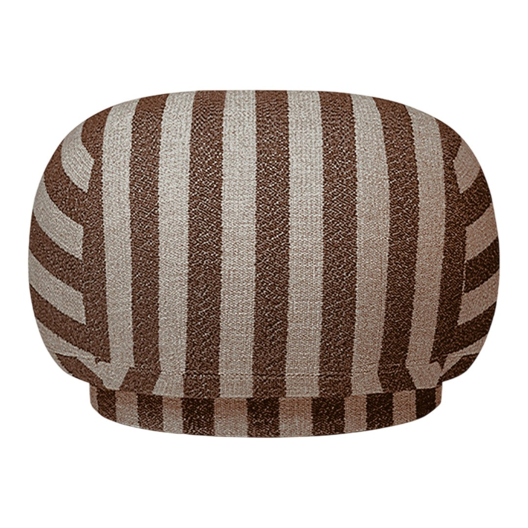 Brown and beige striped pouf with a rounded shape. Stylish and cozy home decor item.