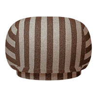 Brown and beige striped pouf with a rounded shape. Stylish and cozy home decor item.