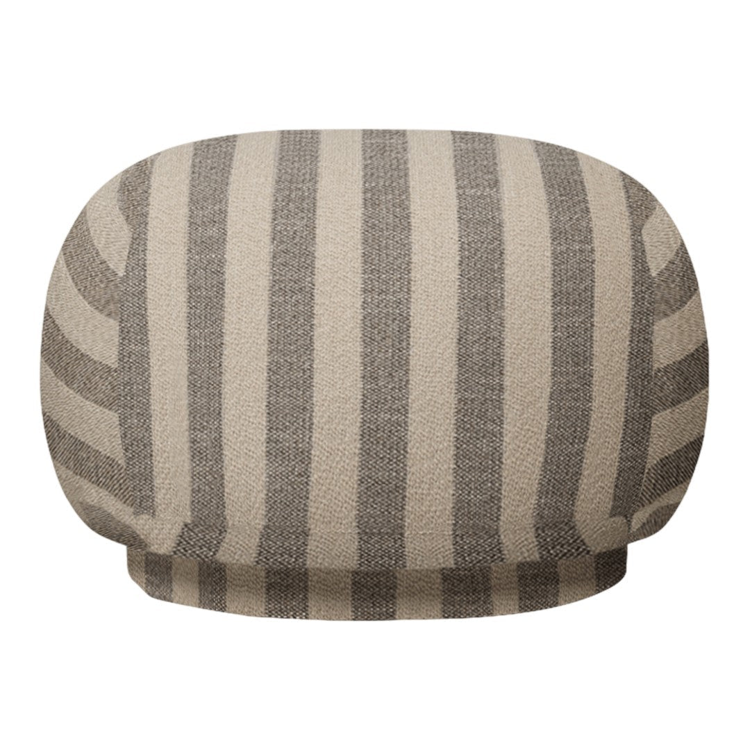 Beige and gray striped decorative cushion with a rounded shape and textured finish, perfect for home decor.