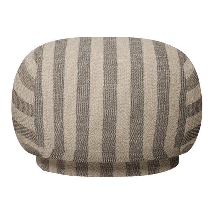 Beige and gray striped decorative cushion with a rounded shape and textured finish, perfect for home decor.