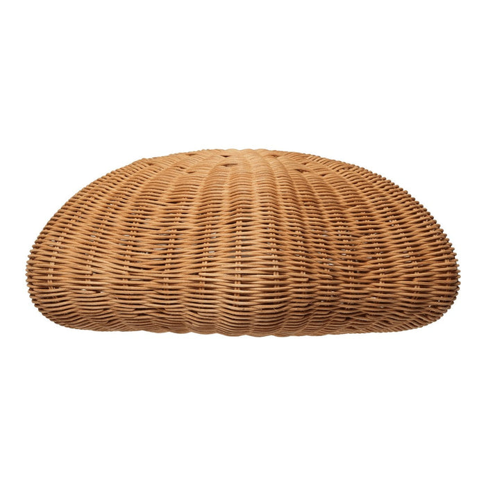 Natural woven rattan cushion in warm brown tones with a curved, textured design. Perfect for a cozy home aesthetic.