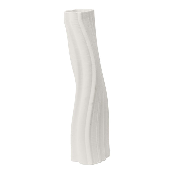 Curved white vase with a textured pattern, showcasing a modern, minimalist design and elegant lines.