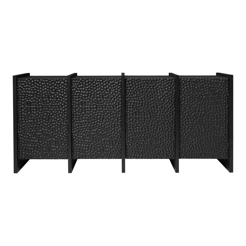 Black folding room divider with a textured, pebbled pattern. Modern design accentuates any space.