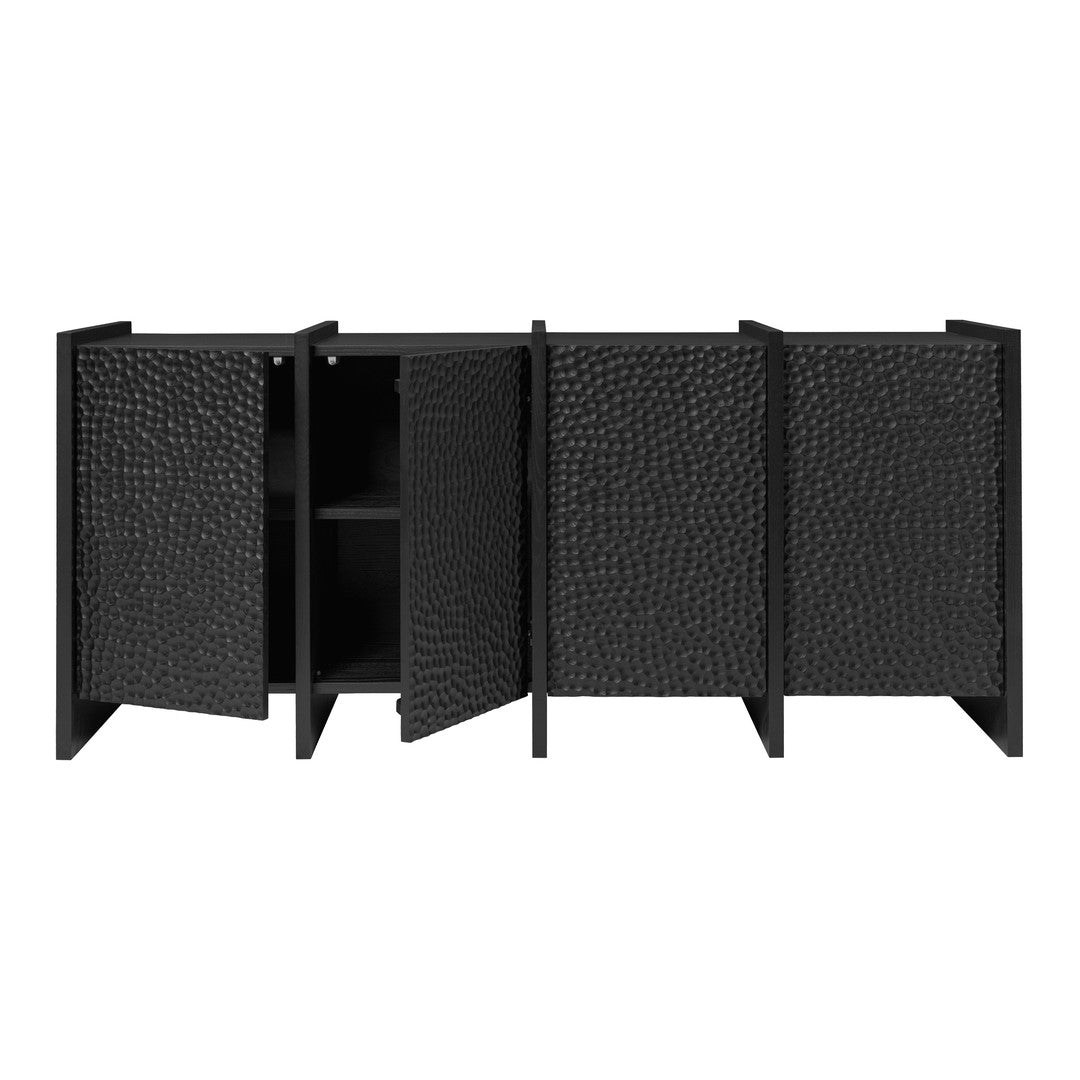 Sleek black cabinet featuring a textured reptile pattern on the doors, adding a modern touch to any space.