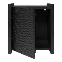 Black cabinet with a textured, wavy pattern and an open door, highlighting its modern and sleek design.