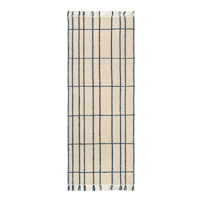 Beige woven runner with navy blue grid pattern and fringed edges for a contemporary touch. Perfect for any decor.