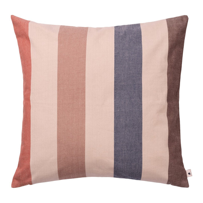 Striped pillow in soft shades of peach, cream, navy, and brown, adding a cozy touch to any decor.