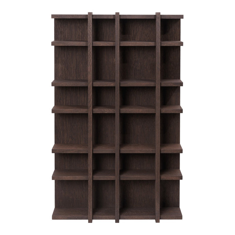 Dark brown wooden bookshelf with a grid pattern and multiple open shelves for display and storage.