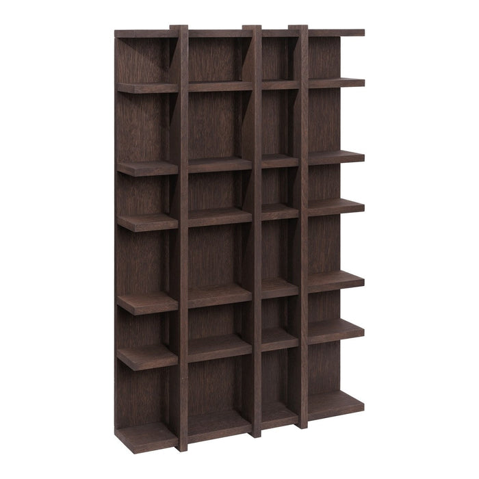 Dark brown wood bookshelf with a modern grid pattern and multiple open shelves. Ideal for stylish storage solutions.