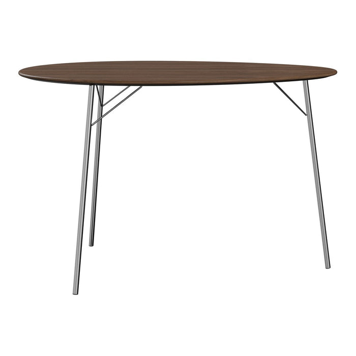 Brown wooden tabletop with a smooth finish and sleek silver legs, featuring a minimalist design.