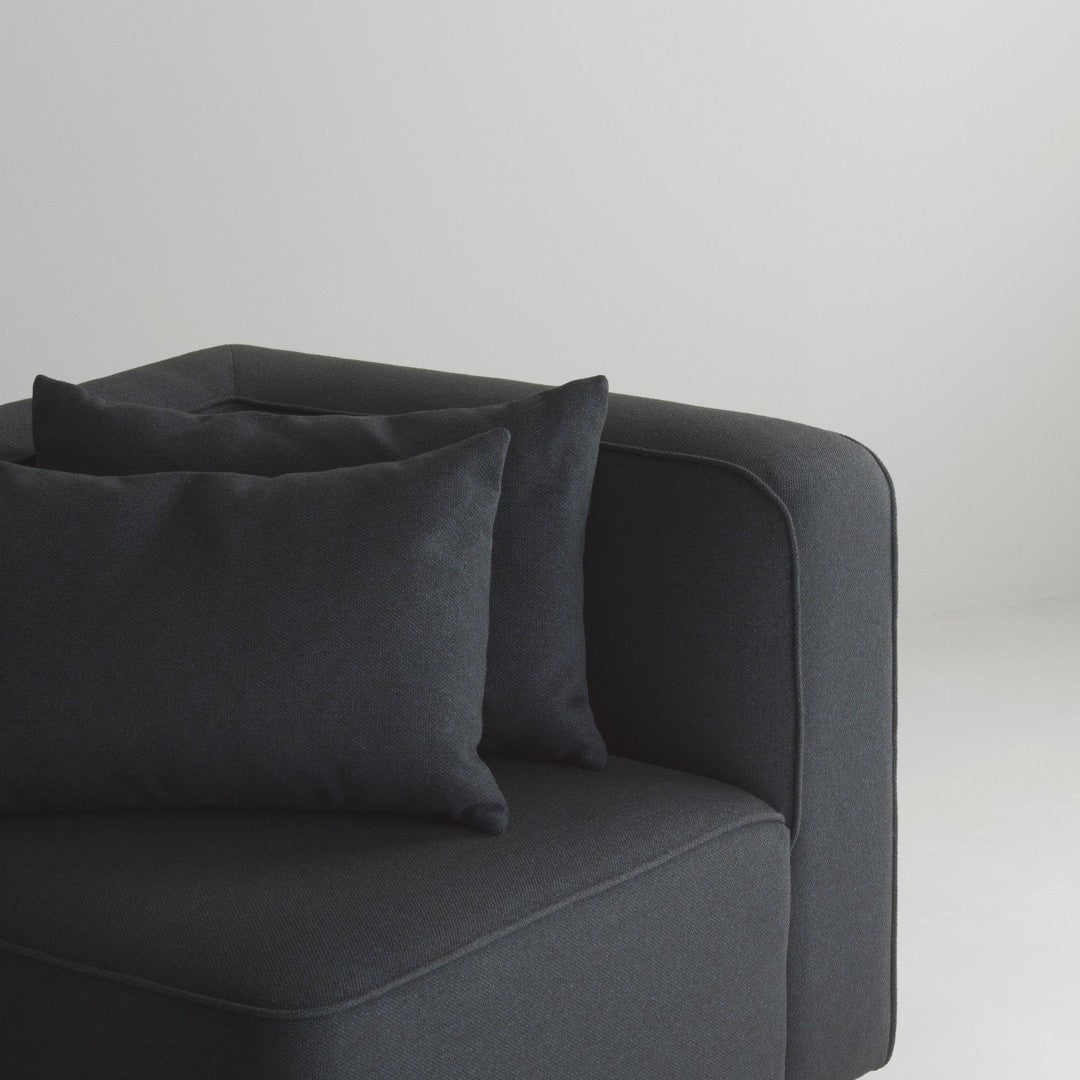 Black textured sofa with matching cushions, creating a sleek and modern look. Perfect for any contemporary space.