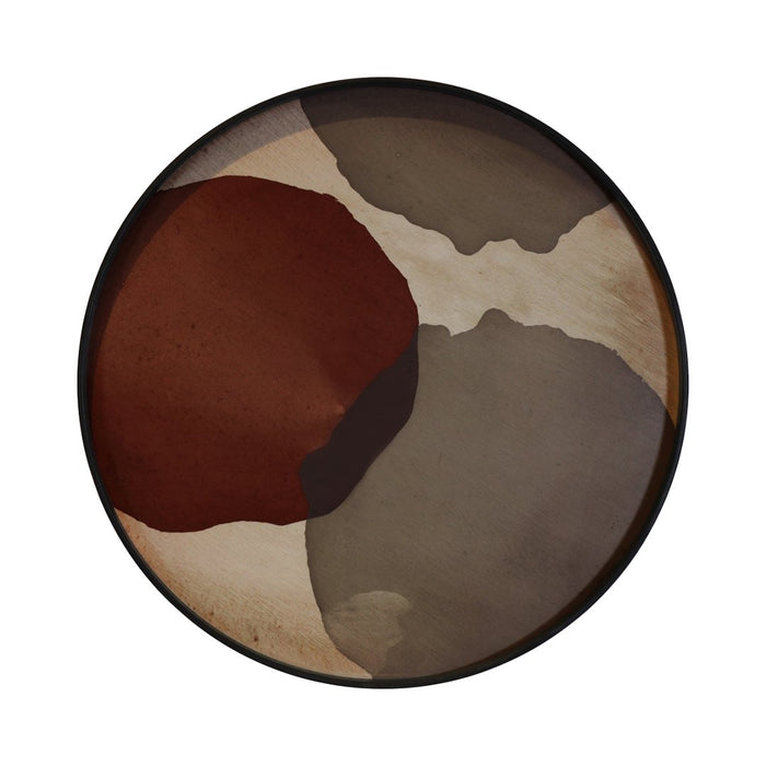 Abstract round tray featuring warm rust, earthy gray, and cream tones with smooth organic shapes. Perfect for decor.