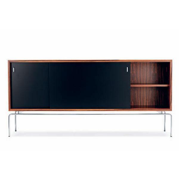 Modern walnut cabinet with sleek black doors and chrome legs, featuring a minimalist design for stylish storage.