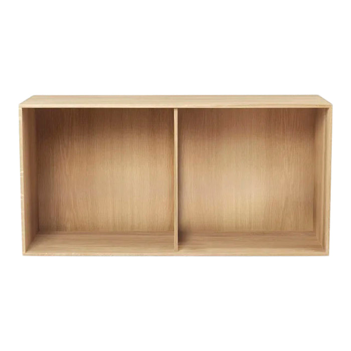 Light wood bookshelf with a smooth finish and natural wood grain pattern, featuring two open compartments.