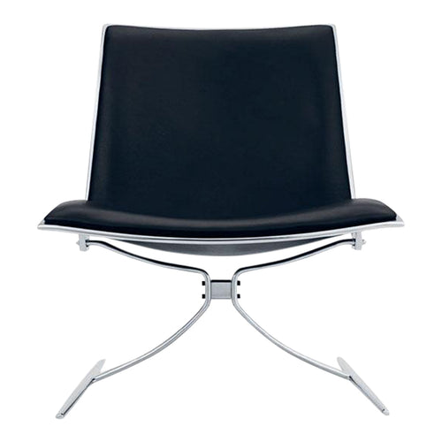 Black leather chair with a sleek chrome frame, featuring a minimalist design and smooth, clean lines.
