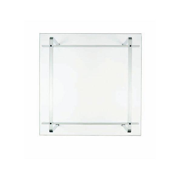 Clear glass ceiling light fixture with sleek silver accents and a simple square design. Perfect for modern decor.
