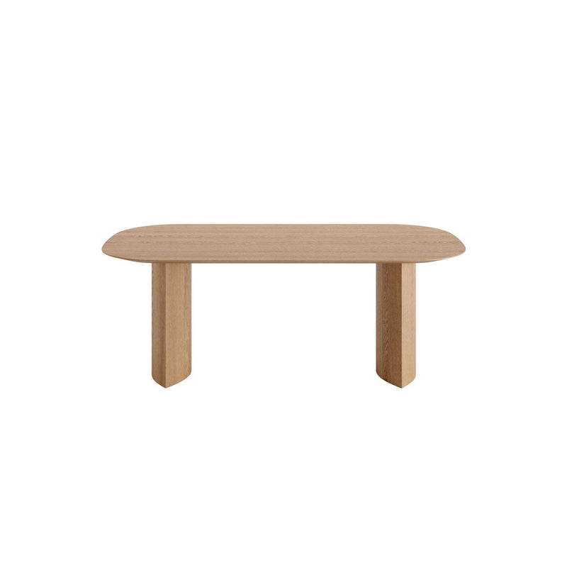 Natural wood dining table with smooth, rounded edges and a minimalist design. Ideal for modern decor.