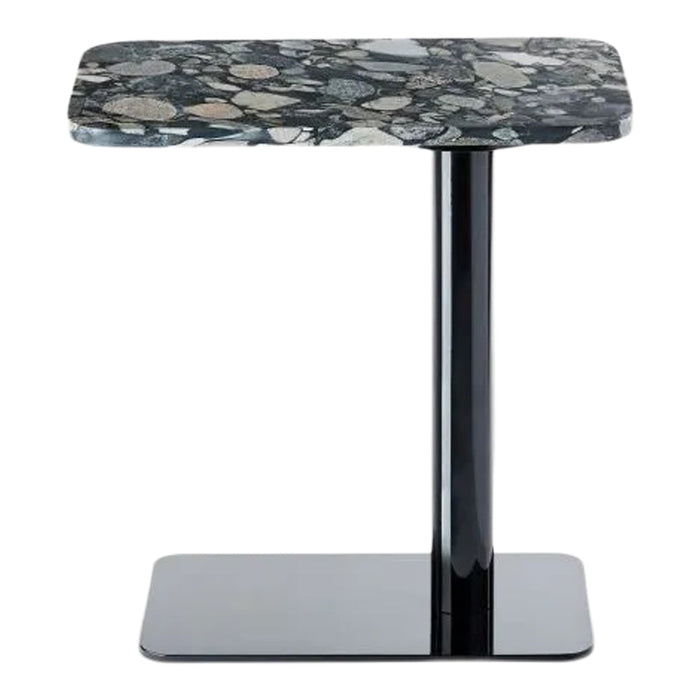 Black and gray speckled marble top table with a sleek black base, modern design, and smooth finish.