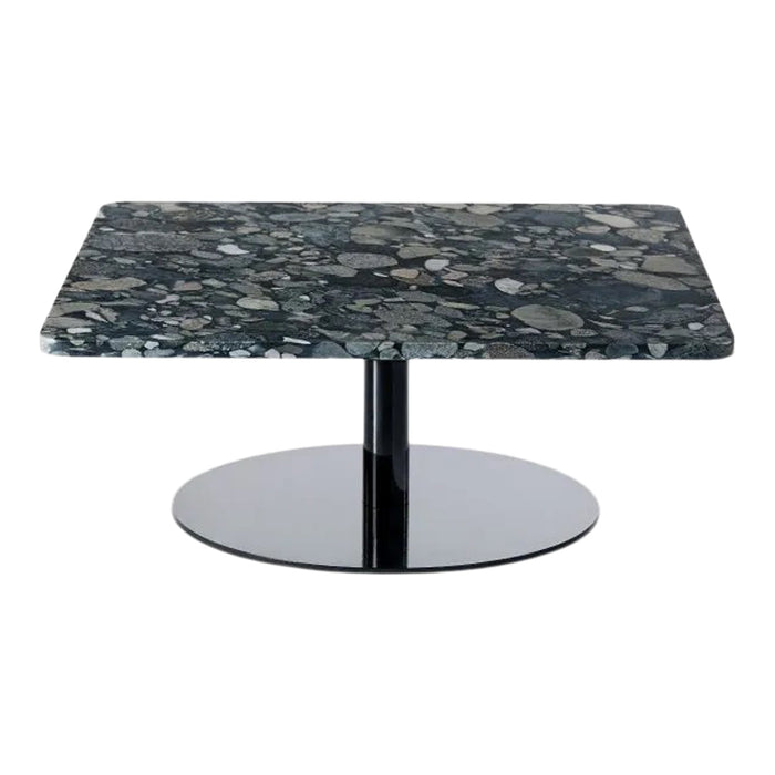 Black marble coffee table with a speckled gray and green pattern on a sleek circular base. Modern and elegant design.