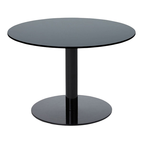 Round black glass table with a smooth surface and sleek cylindrical base, ideal for modern interiors.