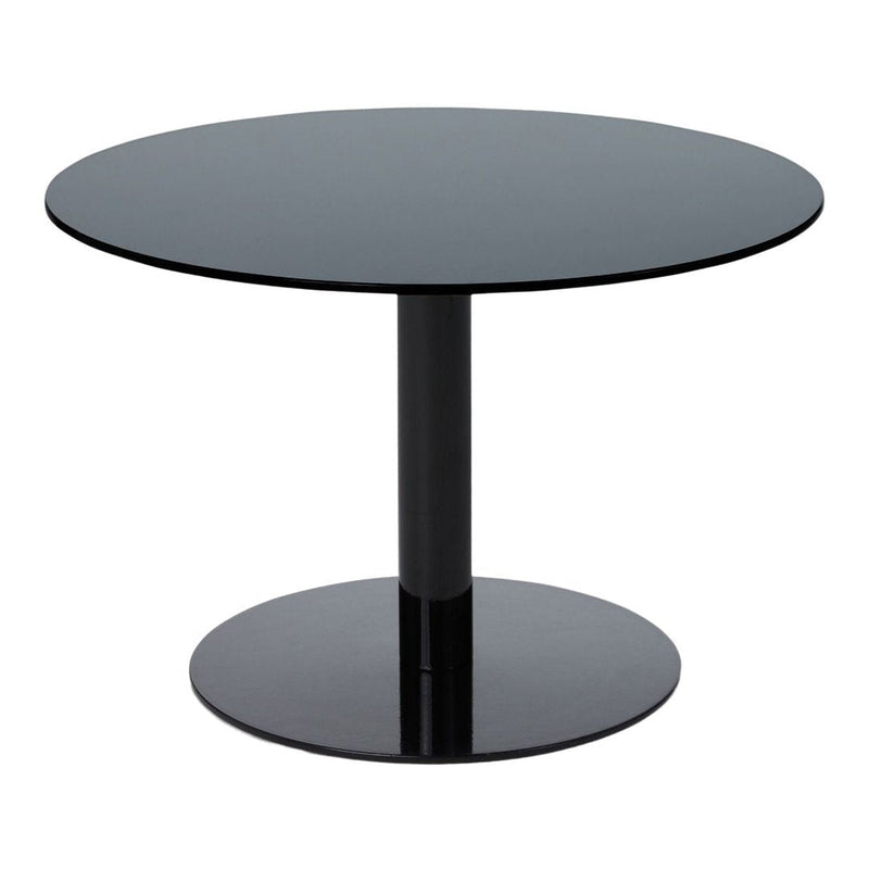 Round black glass table with a smooth surface and sleek cylindrical base, ideal for modern interiors.