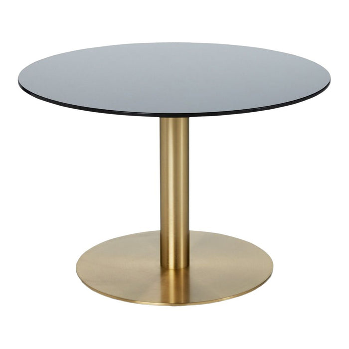 Black round tabletop with a gold metal base, featuring a sleek, modern design and smooth surfaces.
