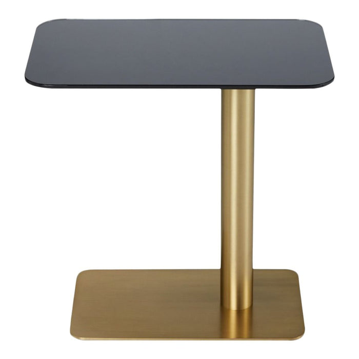 Modern black top side table with a sleek gold pedestal base, featuring a minimalist design and elegant color contrast.