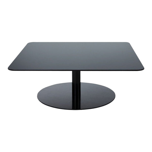 Modern black square coffee table with a sleek glossy finish and round base. Minimalist design for contemporary decor.