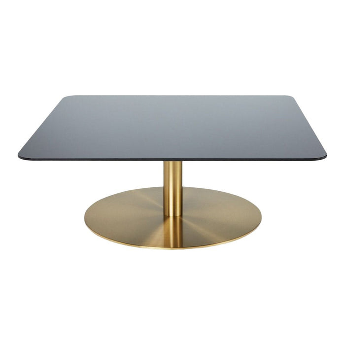 Square black tabletop with a sleek gold base, perfect for modern decor.