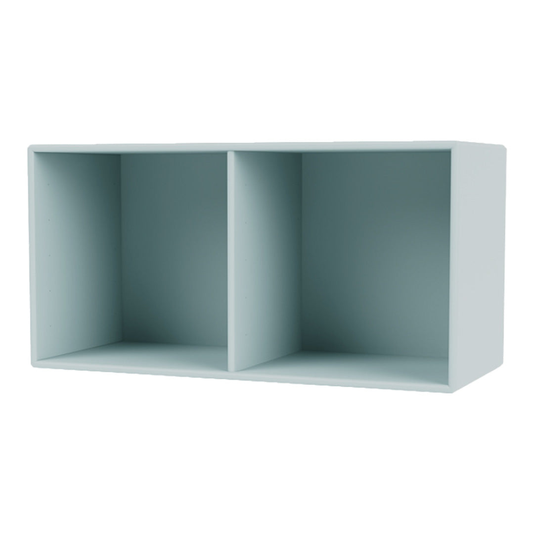 Light blue storage shelf with a minimalist design and no patterns, featuring two open compartments.