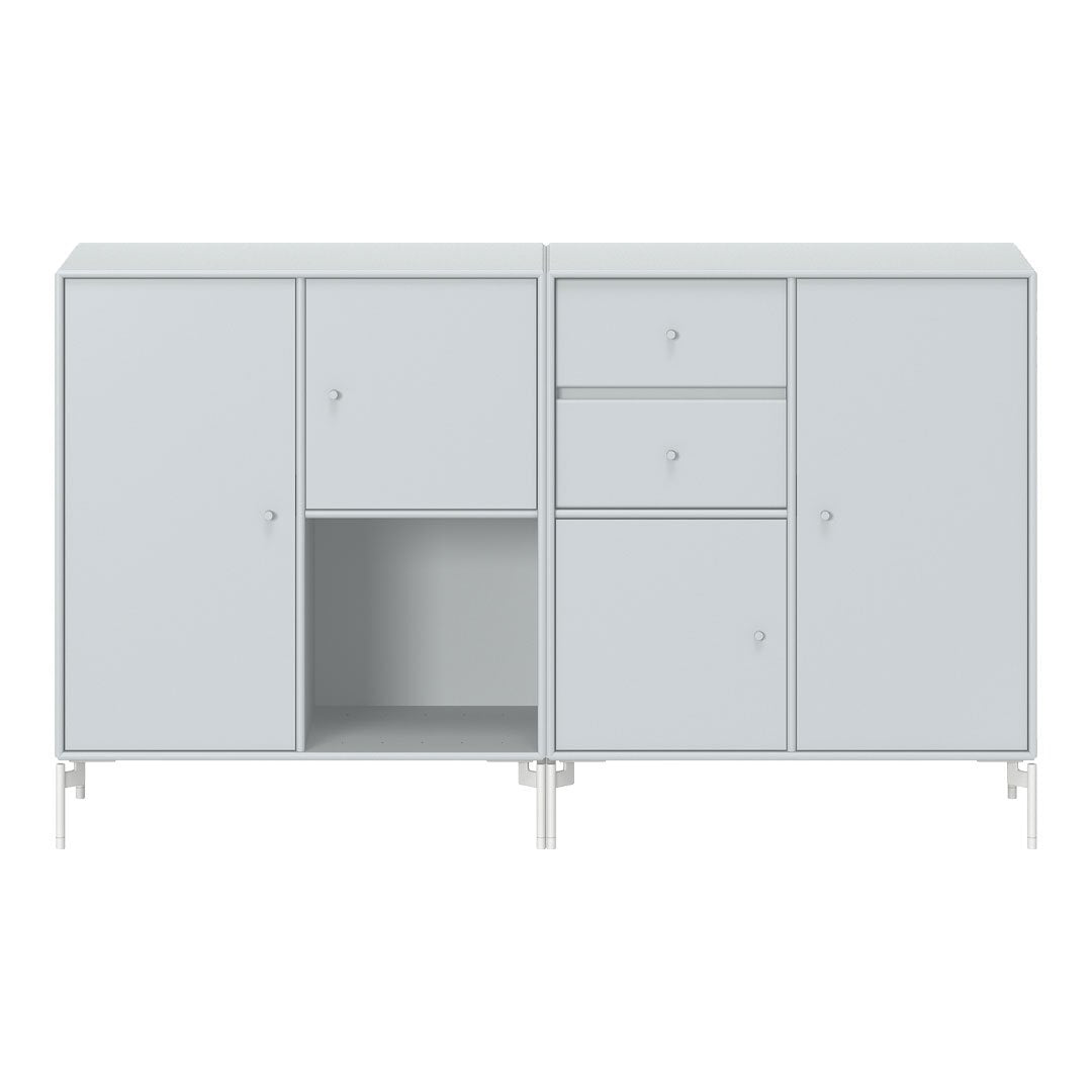 Light gray modern cabinet with a minimalist design and various storage compartments. Sleek, uniform finish.