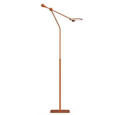 Modern orange floor lamp with sleek lines and minimalistic design, perfect for contemporary decor.