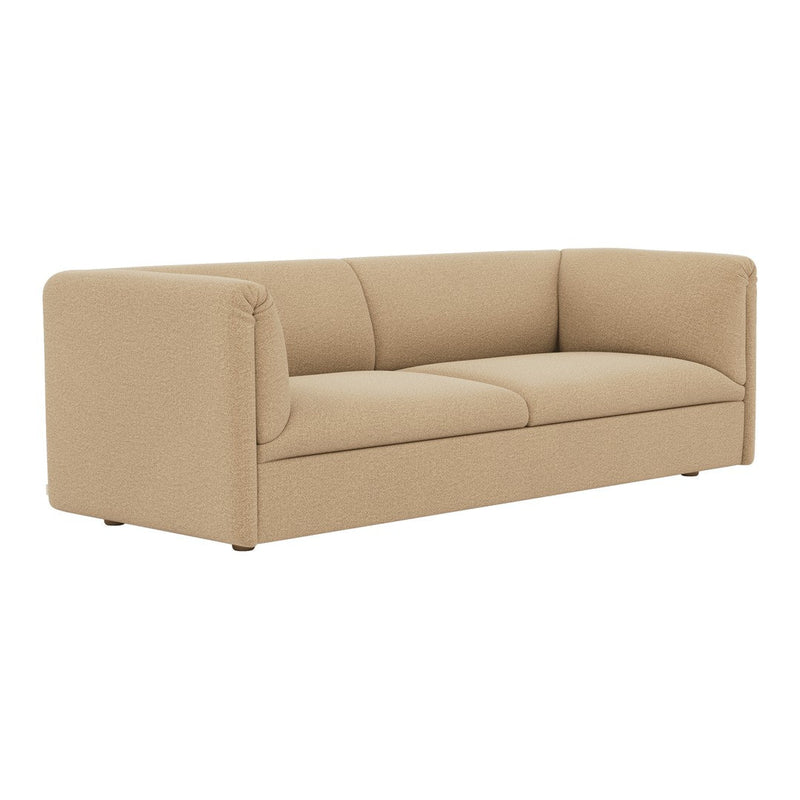 Beige upholstered sofa with a sleek, minimalist design and smooth fabric texture. Perfect for modern interiors.