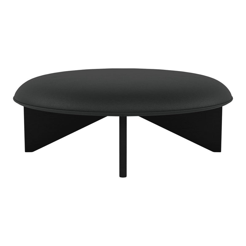 Round black coffee table with sleek, minimalist design and smooth surface, featuring simple geometric patterns.