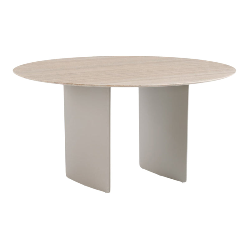 Round wood dining table with a light beige finish and smooth, minimalist design. Simple gray legs add elegance.