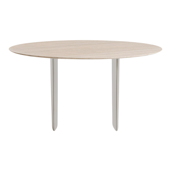 Round wooden dining table in a light natural finish with sleek white legs, featuring a smooth, minimalist design.