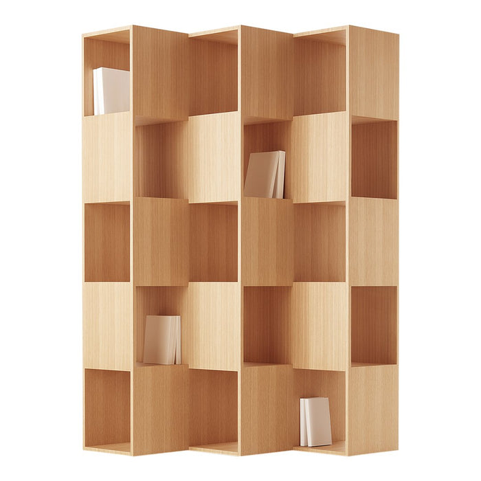Light wood bookshelf with a contemporary design featuring alternating open and closed compartments.