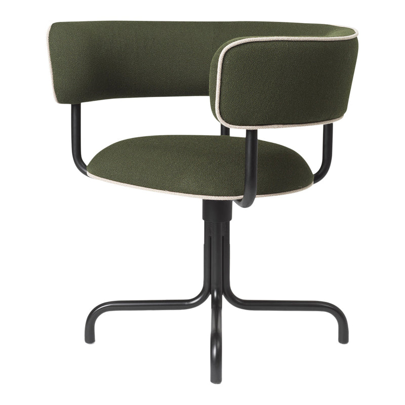 Green upholstered chair with black metal base and subtle cream piping accents, featuring a modern, minimalist design.