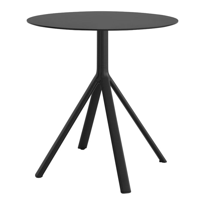 Black round table with a minimalist design and tripod legs. Smooth matte finish for a modern look.
