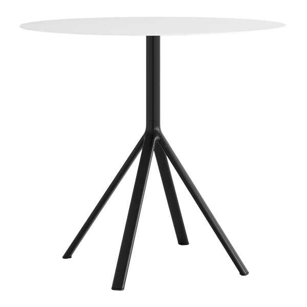 Round white tabletop with sleek black legs, featuring a minimalist design suitable for modern decor.