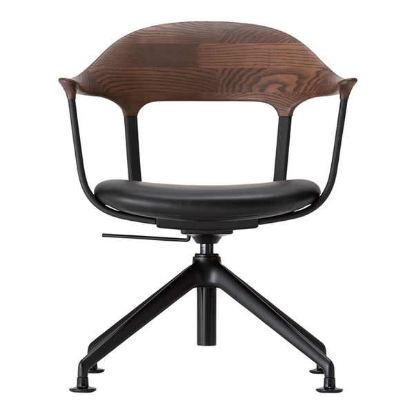 Wooden and black leather swivel chair with a sleek, modern design and a natural wood grain pattern.