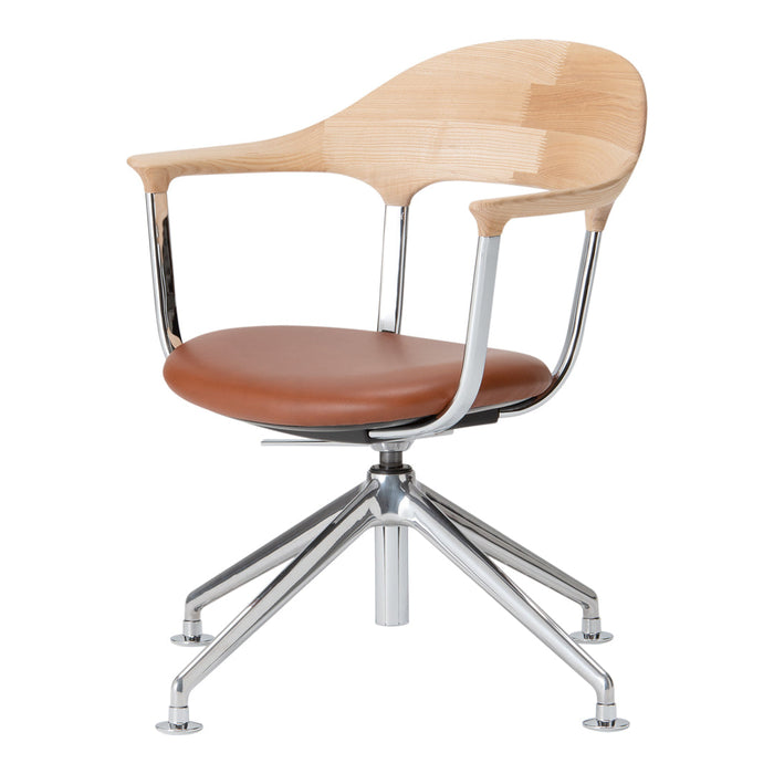 Modern chair featuring a natural wood finish, brown leather seat, and polished chrome base for a stylish look.