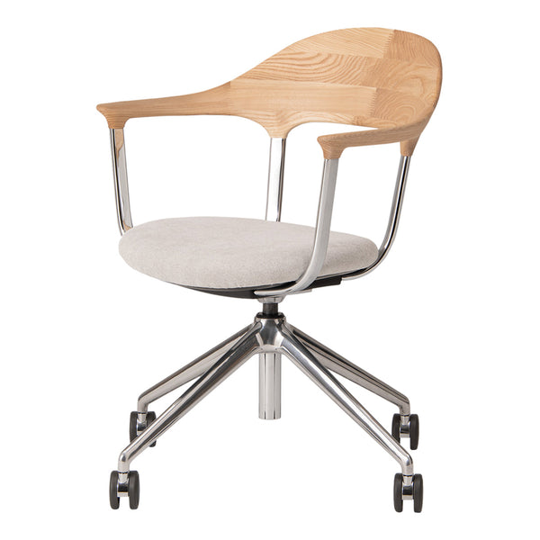 Light gray fabric seat with natural wood armrests and chrome base, featuring a minimalist design. Ideal for modern offices.