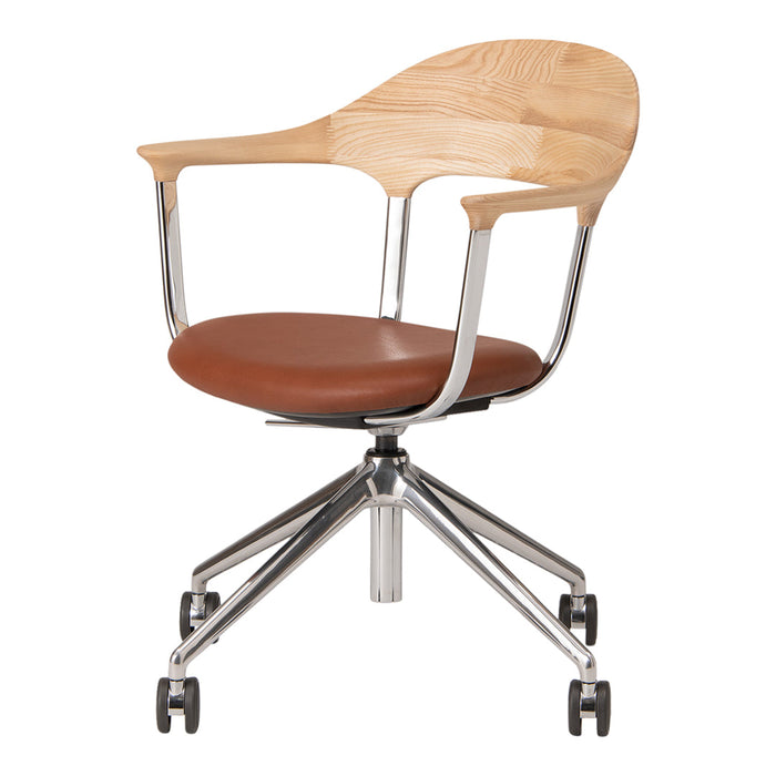 Light wood and chrome chair with a rich brown leather seat, perfect for modern office decor.